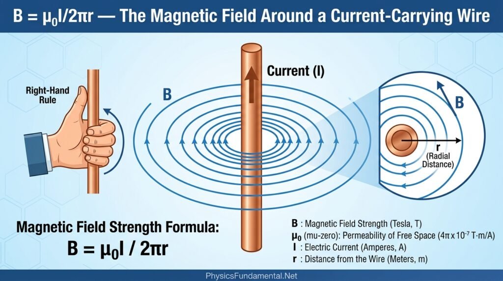B = μ₀I2πr — The Magnetic Field Around a Current-Carrying Wire